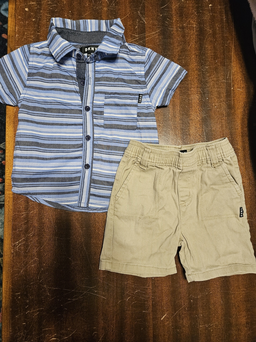 DKNY Blue Striped Button-Front Shirt with Tan Shorts